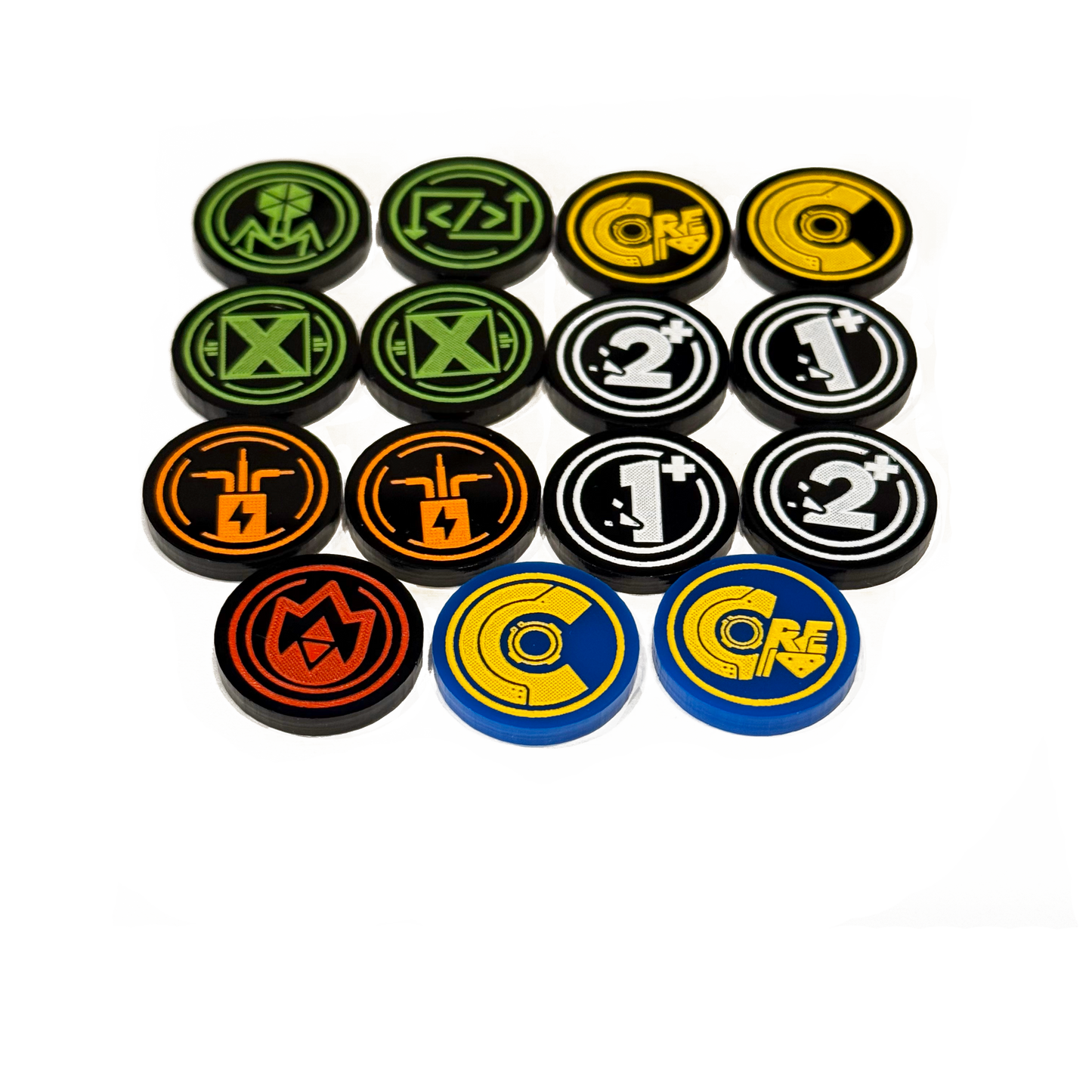 Chrono Core 15-piece premium acrylic token set including Core Charge Lockout Short Circuit and counter tokens