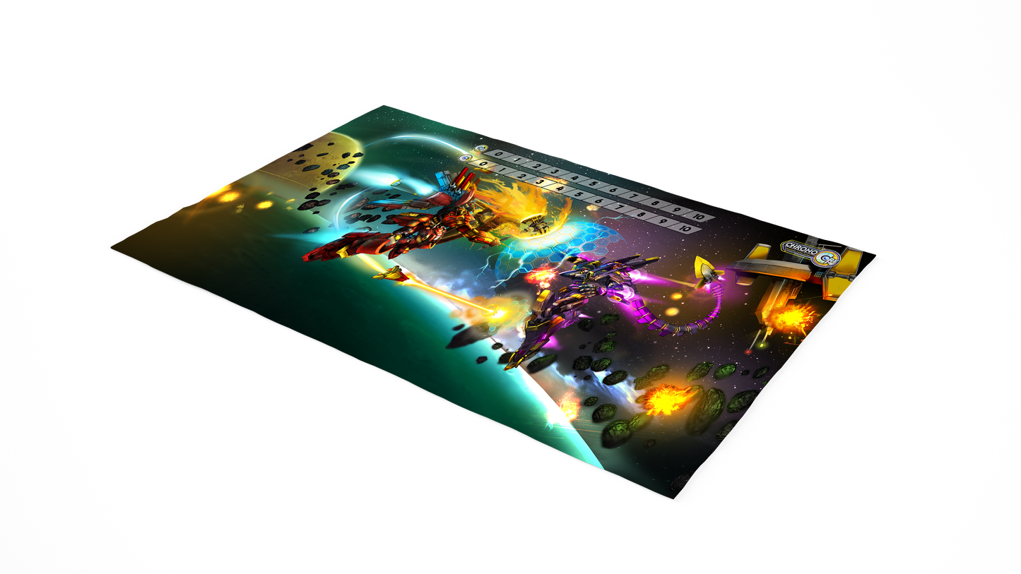 Chrono Core full-art neoprene playmat depicting Basilisk and the Knight of Chaos Tiamut