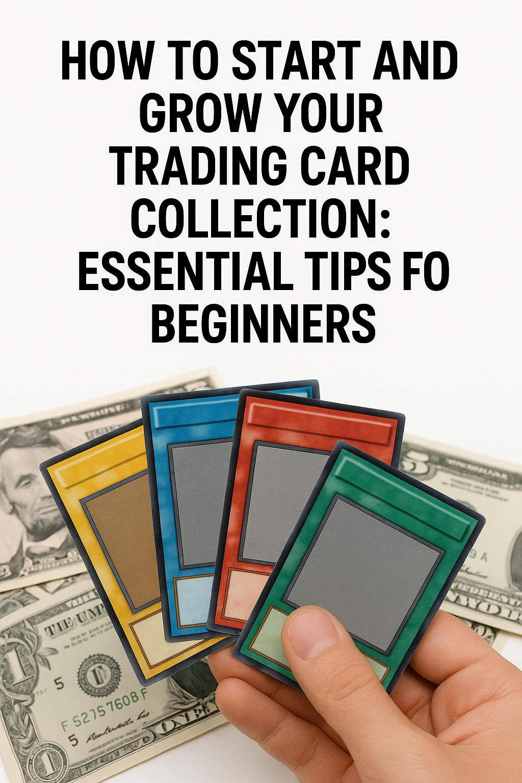 HOW TO START AND GROW YOUR TRADING CARD COLLECTION: ESSENTIAL TIPS FO BEGINNERS with colorful cards and dollar bills.