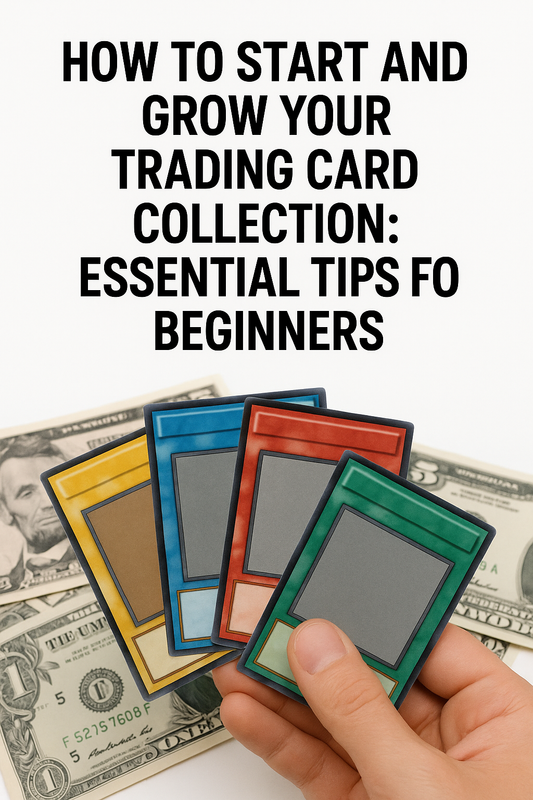 HOW TO START AND GROW YOUR TRADING CARD COLLECTION: ESSENTIAL TIPS FO BEGINNERS with colorful cards and dollar bills.