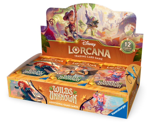Disney Lorcana Wilds Unknown booster box, showing Chapter 12 sealed display with Pixar-themed packaging