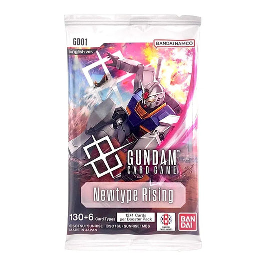 Gundam Card Game Newtype Rising booster pack featuring a mobile suit on the cover, highlighting collectible gaming.