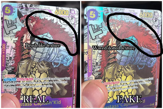 How to Spot Fake One Piece Trading Cards: A Collector's Guide comparison of authentic and counterfeit trading card textures.